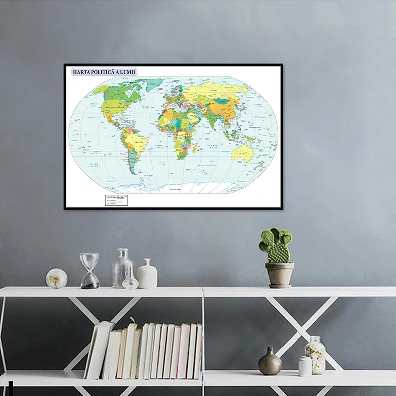 Mapa del mundo en lienzo de 84x59cm, pintura rumana, mapa mundial de distribución política, imagen para decoración de oficina y sala de estar