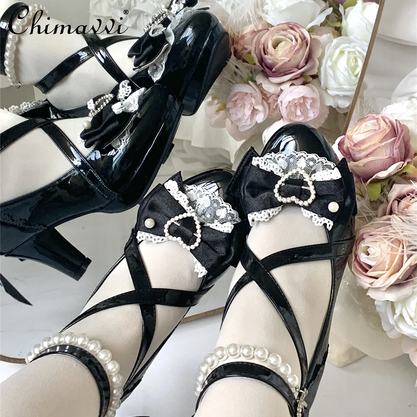 

Original Sweet Girl Pointed Toe Waterproof Platform High Heels Japanese Cute Bow Heavy Pearl Elegant Princess Lolita Shoes