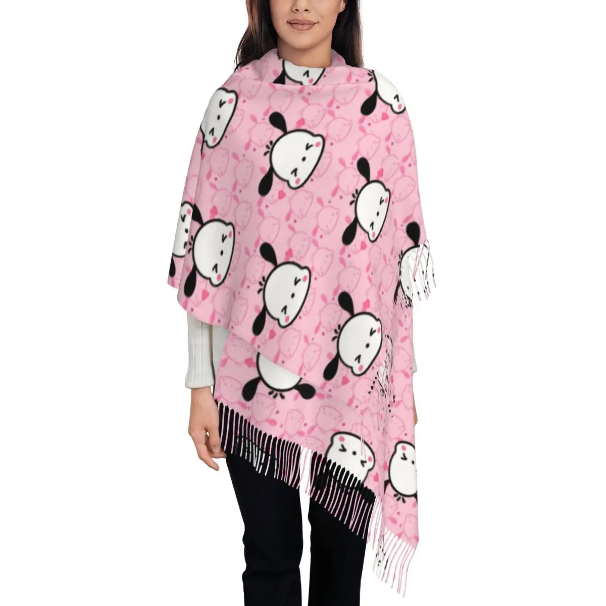 

Custom Stylish Pochacco Cartoon Tassel Scarf Women Winter Warm Shawls Wraps Female Scarves