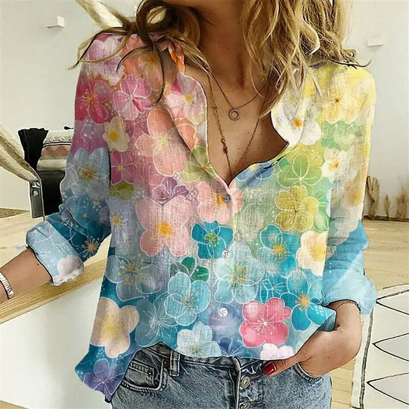 

Floral Print Single-Breasted Long Sve irt Casual Loose Fit Women's Summer irt Regular Thin No Special Function