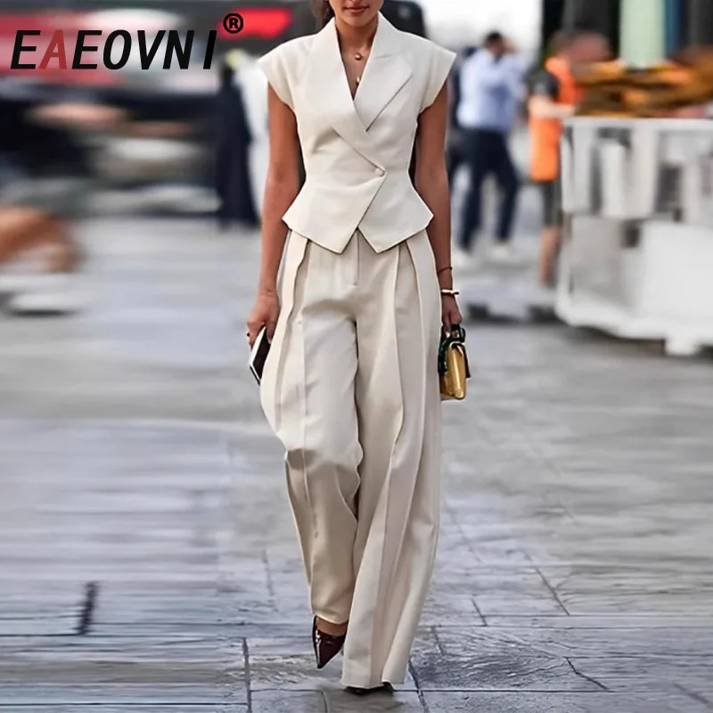 

EAEOVNI Temperament Women Two Piece Set Fashion Sleeveless Button Short Coat + Wide Leg Long Pants Solid Fashion 2025 New