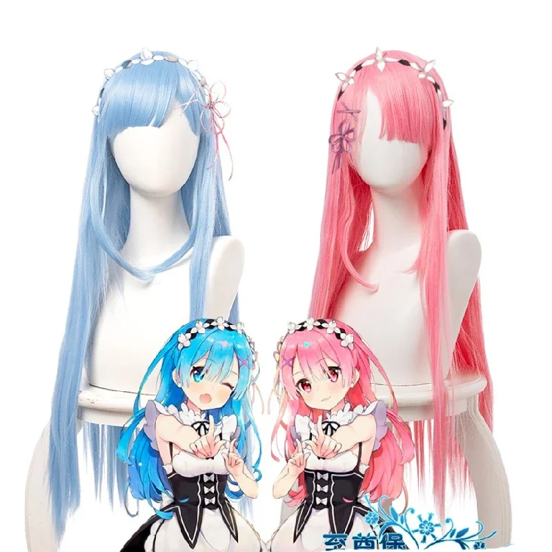 

Re Life in A Different World From Zero Rem Ram Cosplay Wig Pink Blue Long Straight Hair Halloween Costume Wigs Headband