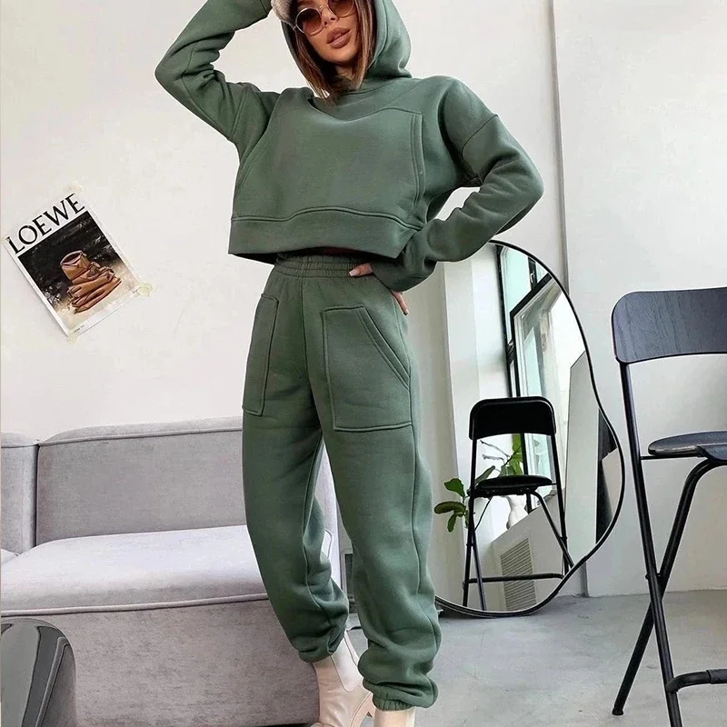 Fashion Green Fleece Sweatshirt Women Tracksuit Female Two Piece Sets 2023 Autumn Casual Streetwear Hoodie Long Pants Sports Set