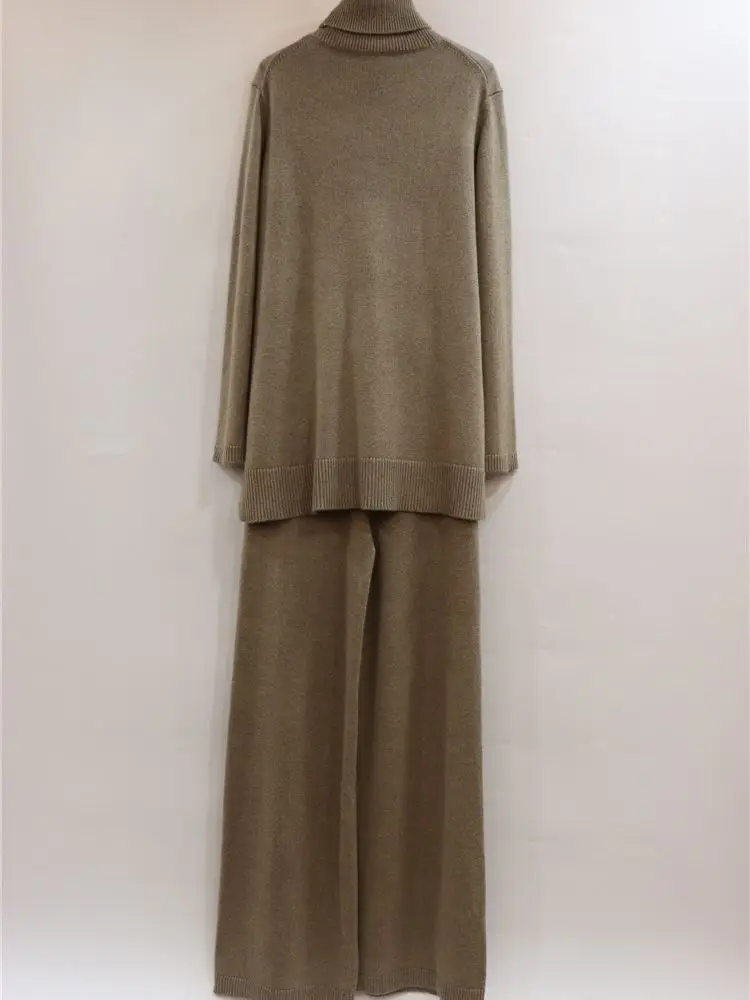 Luxury Two Pieces 45% Cashmere + 30% Wool Suits Female Turtleneck Warm Mink Cashmere Knit Tops + Wide Leg Wool Pant Sets F688