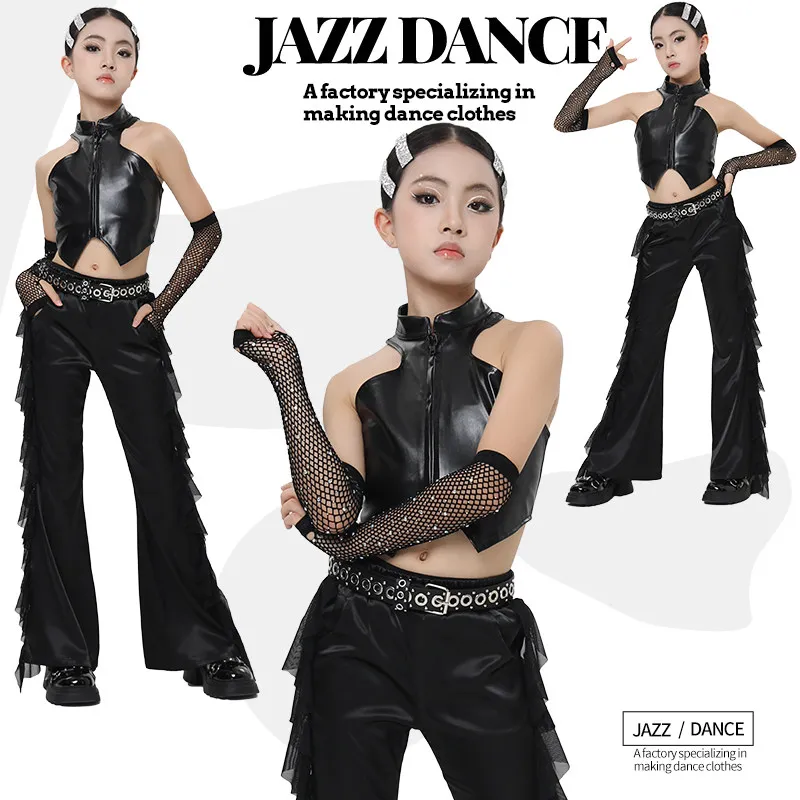 

Современные костюмы для танцев в стиле хип-хоп для девочек, черные K-pop наряды, одежда для уличных танцев, детская одежда для джазовых танцев, сценические костюмы DQS22696