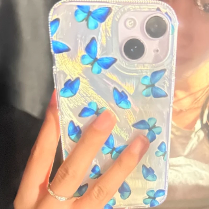 Advanced Gu Mo blue butterfly feather pattern, suitable for iPhone 16 14 13 12 11 15 Pro Max mobile phone case