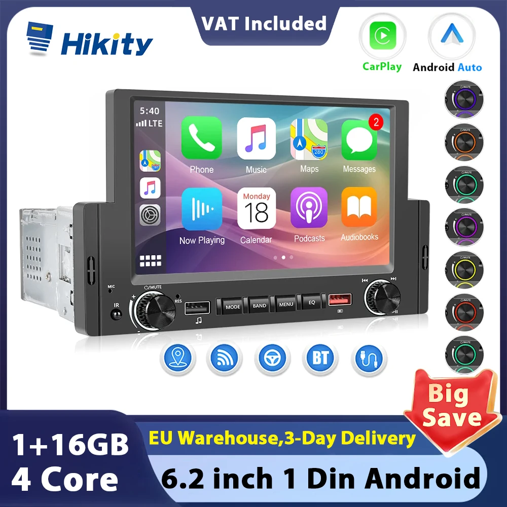 Hikity Carplay Android 1din Car Multimedia Player Audio FM Receiver Music Bluetooth With Dual USB for VW Toyota Nissan KIA