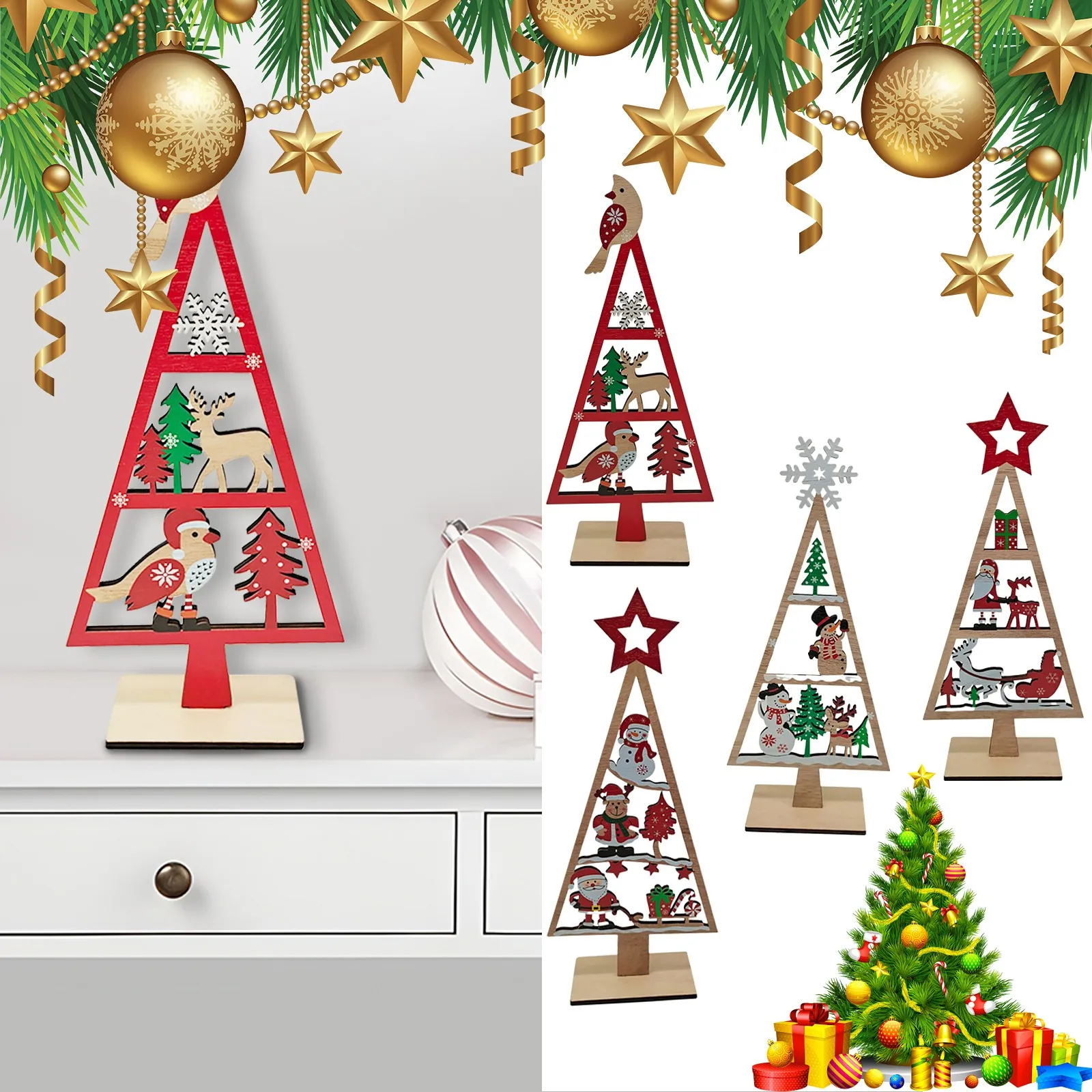 Christmas Wooden Decorations Creative Santa Claus Snowman Elk Letter Ornaments Xmas Home Holiday Desktop Ornaments