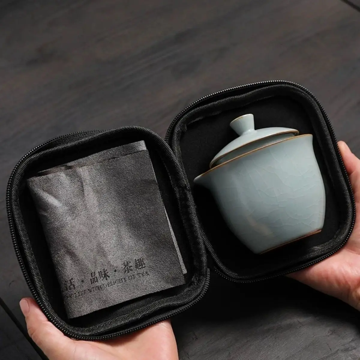 Travel Kung Fu Tea Set Tianqing Ru Kiln Express Cup, One Pot with Three Cups, Outdoor Camping High-end Ceramic Portable