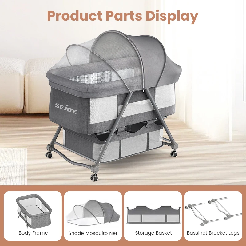 Baby Grab-and-go Travel Cot Crib , Rocking Crib Convertible ulti-function folding With Mosquito Net & Mattress & Silent Wheels