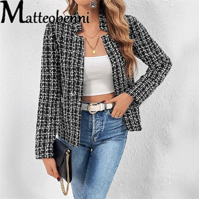 

Женский модный повседневный кардиган в клетку, укороченный пиджак, винтажный корейский шикарный женский тонкий пиджак с длинными рукавами, офисная женская куртка