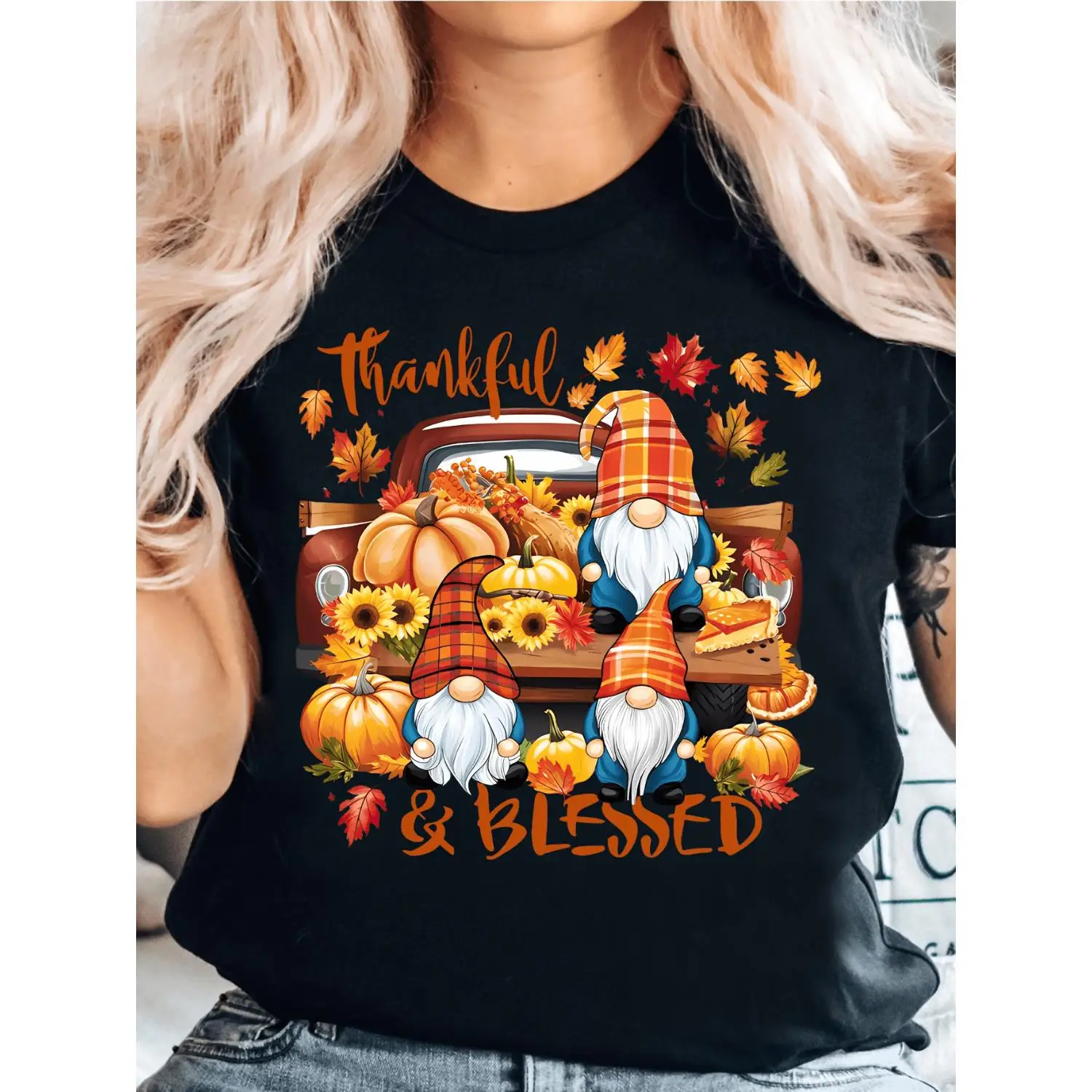 Thanksgiving Gift, Autumn Gnome, Pumpkin Maple Leaf Sunflower, Autumn Harvest Print T-Shirt