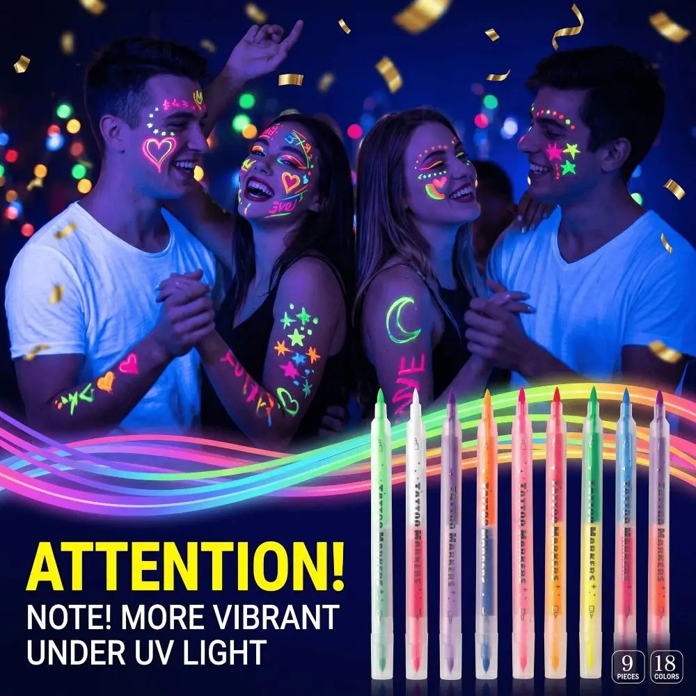 Easy Wash Off Face Paint Markers Water-Based Black Light Reactive Glow Face Paint Non-Toxic 12/18 Colors UV Face Paint
