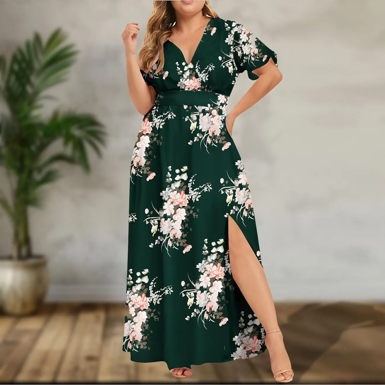 Plus Size letnie sukienki dla kobiet z krągłym elegancka modna sukienka Maxi z krótkim rękawem w szpic swobodne rozcięcie długie sukienki vestidos