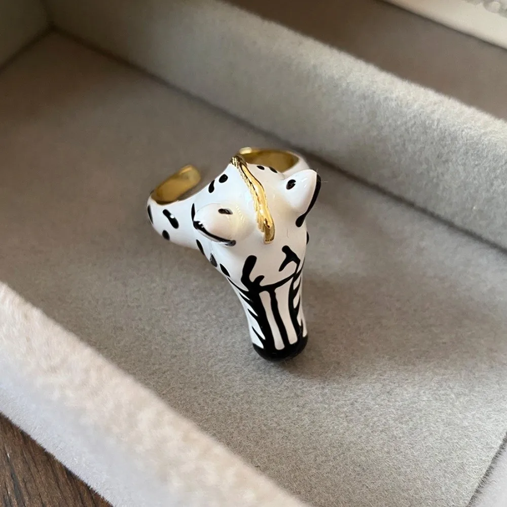 Jóias vintage animal cavalo anel conjunto pônei cavalo preto branco dos desenhos animados esmalte anel delicado na moda abertura anel de dedo meninas