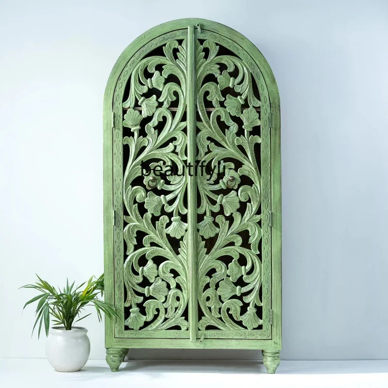 

Hollow carved solid wood wardrobe French retro entrance locker opposite door cabinet
