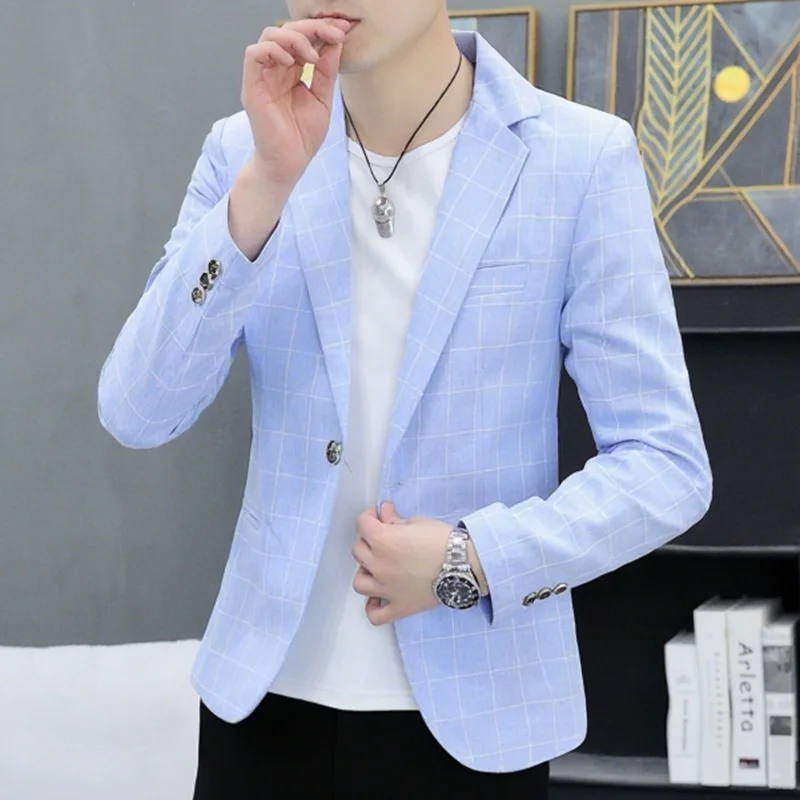 

Faionable Plaid Casual Men's Jaet Autumn Spring New Sle Slim Fit Korean Version Youthful Smart Small Suit Trendy