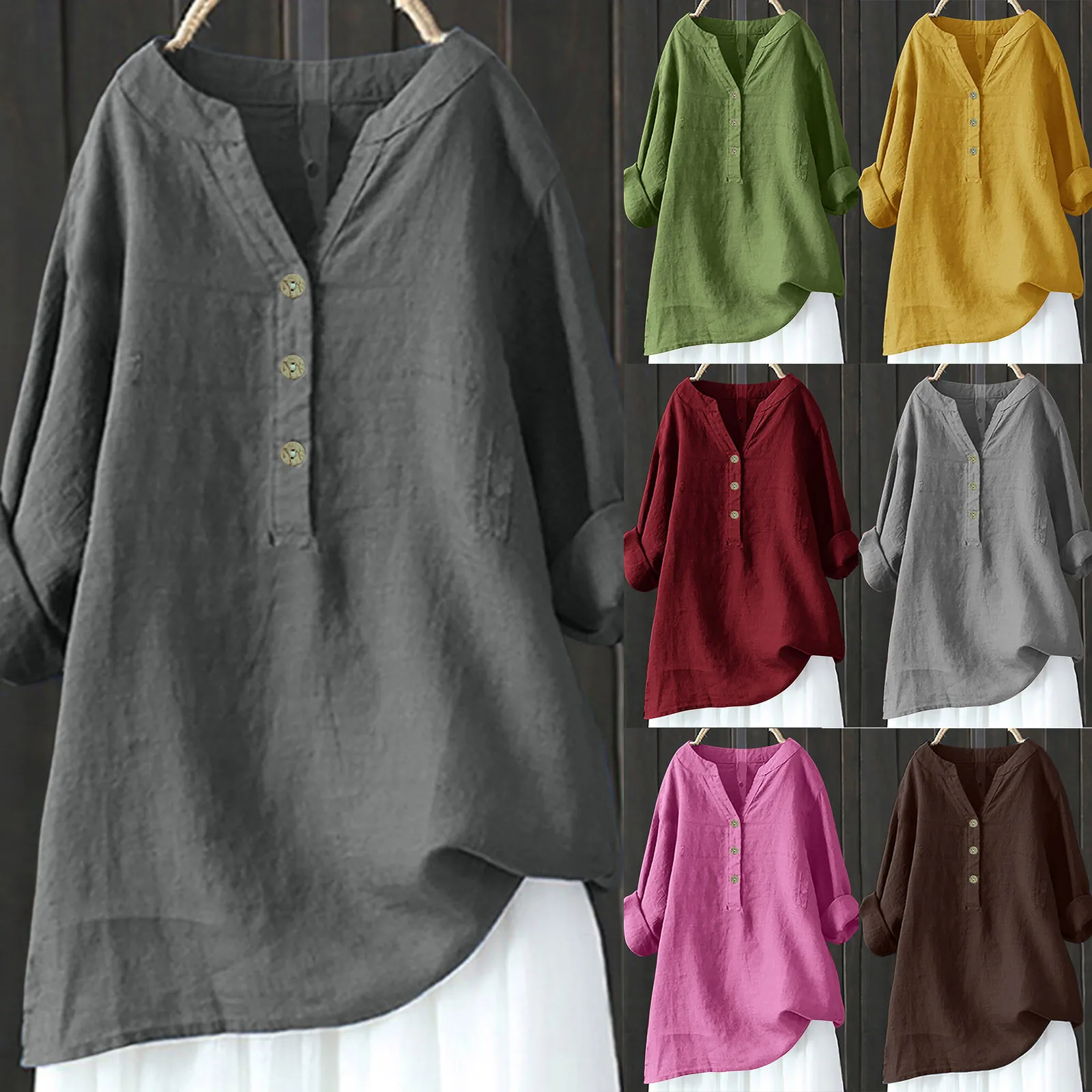 

Women Oversized Shirt Cotton Linen Long Sleeve Buttons Stand-Up Collar Pullover Spring Autumn Breathable Loose Vintage Shirts