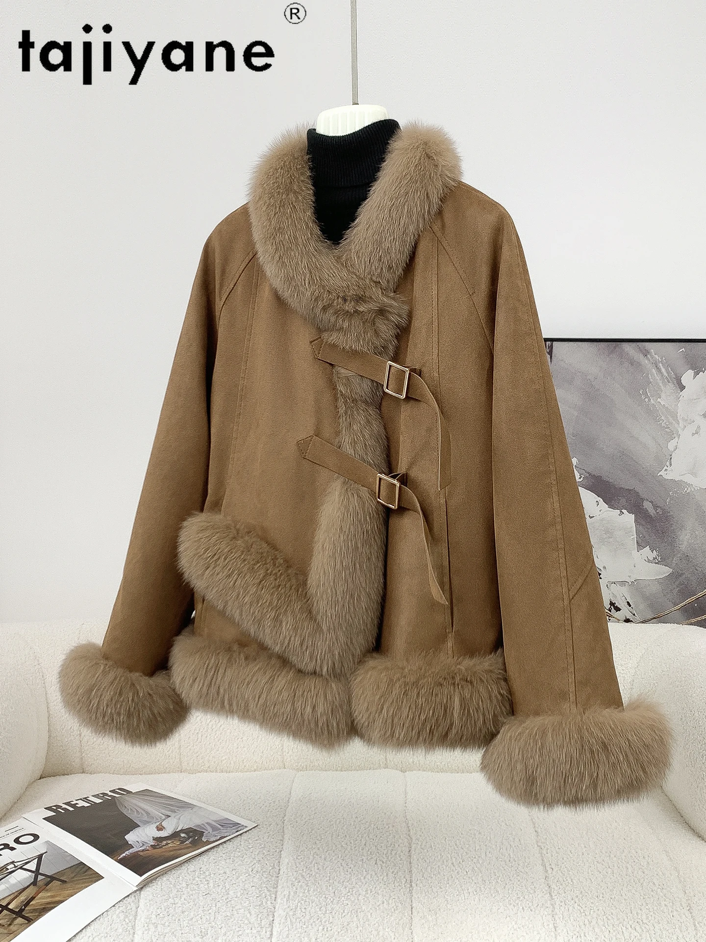 TAJIYANE Vossenbont Suède Jas Vrouwen Elegante Ganzendons Jassen Hoge Kwaliteit Vrouwelijke Outerwears 2025, Winter Vrouw Kleding ropa mujer