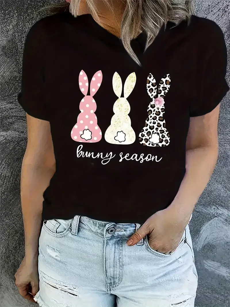 2024 Women's Fashion Easter Pattern Basic T-shirt Saving Round Neck Shirt Casual Short Sleeve Women's Top