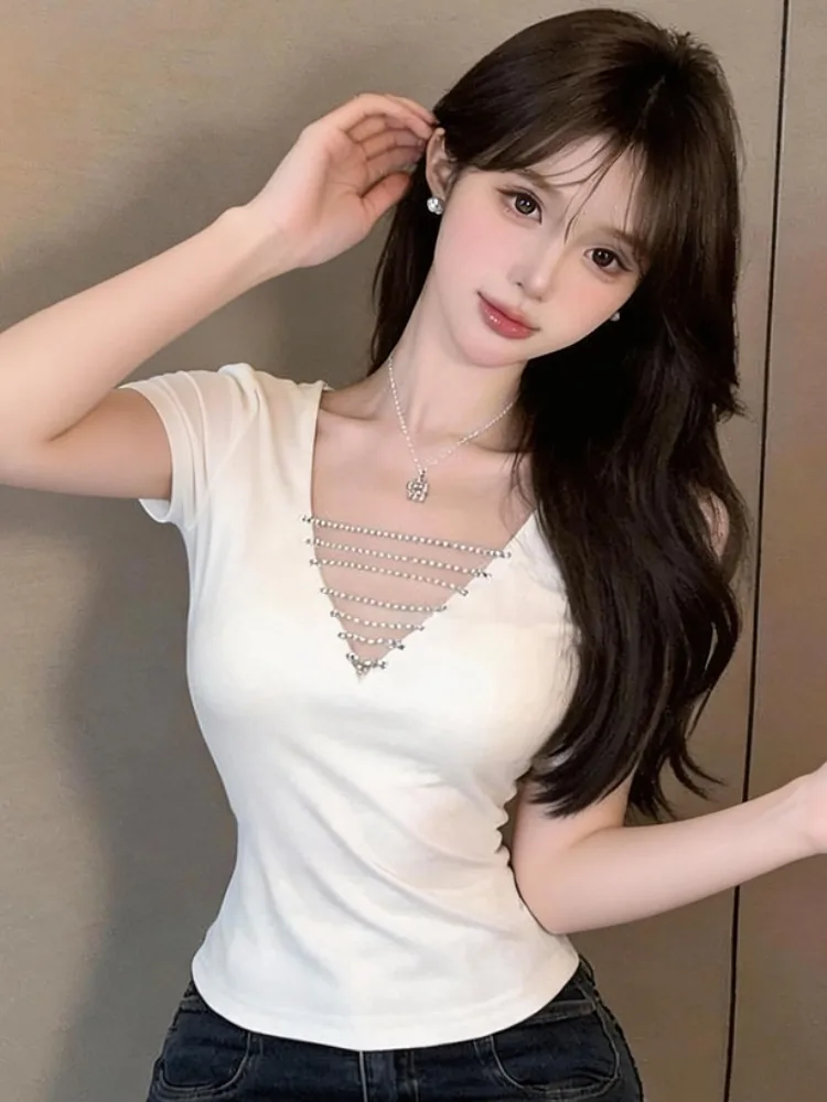 

Slim Fit V-Neck Short Sleeve T-Shirt Women's Summer New Design Diamond Chain Sexy Top Korean Style Citywalk Casual Cotton Blend