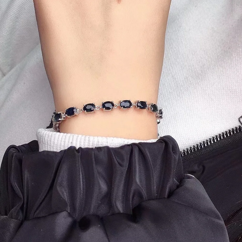 100% Natural Black Sapphire Bracelet for Daily Wear 4mm*6mm Total 4ct Sapphire 925 Silver Bracelet with 3 Layers Gold Plating