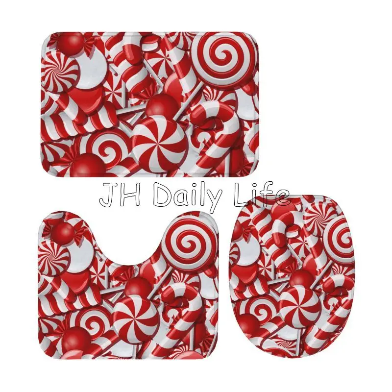 Christmas Candy Canes Bathroom Rugs Sets 3 Piece Coral Velvet Bath Rugs Sweet Sugar Non-Slip Absorbent U-Shaped Shower Mat Decor