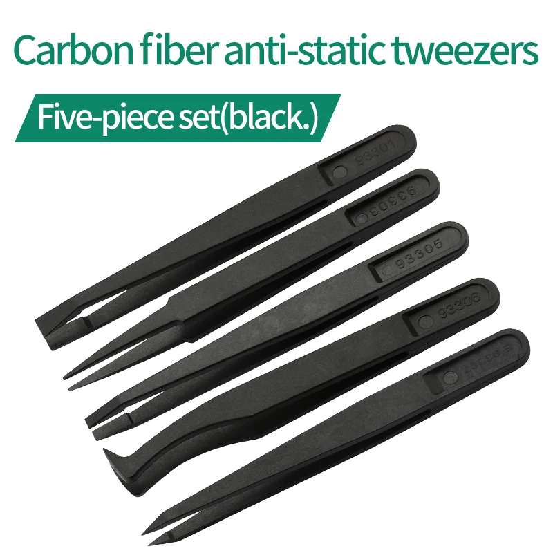 

Anti-static tweezers 5pcs/set Portable Black Straight Bend Anti-static Plastic Tweezer Heat Resistant Repair Tool