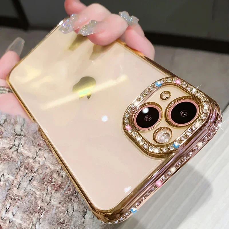 Luxury Plating Glitter Diamond Transparent Case for iPhone 16 13 11 12 14 15 Pro Max Plus Girl Female Silicone Shockproof Cover