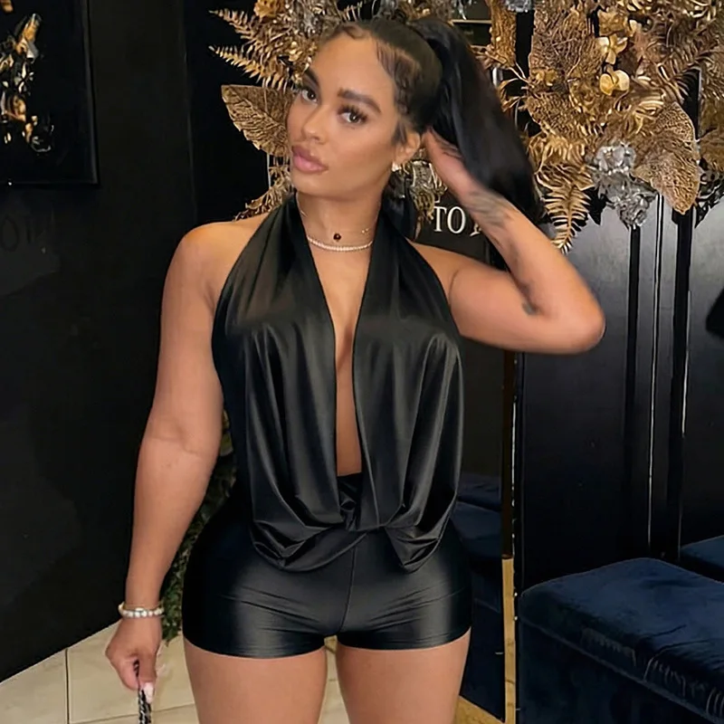 

STYLISH LADY Halter Neck Draped Twist Open Back Tie Ruched Shorts Jumpsuit 2026 Summer Women Sexy Club Party Playsuit