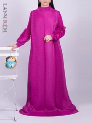 LANMREM Oversize Pleated Dress Round Neck Spliced Fungus Full Sleeve Long Dresses For Women 2024 New Spring Clothes 2Q1331