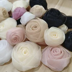 5PCS 6.5CM/4.5CM Handmade Organza Chiffon Fabric DIY Rose Flower Headwear Hat Dress Clothes Decoration Hair Accessories