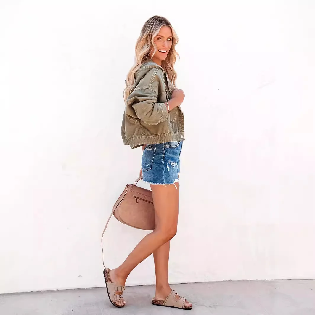 Giacca di jeans da donna Cappotto corto Tasche con cappuccio Cappotto lavato monopetto Giacche streetwear 2025 Capispalla vintage autunnale