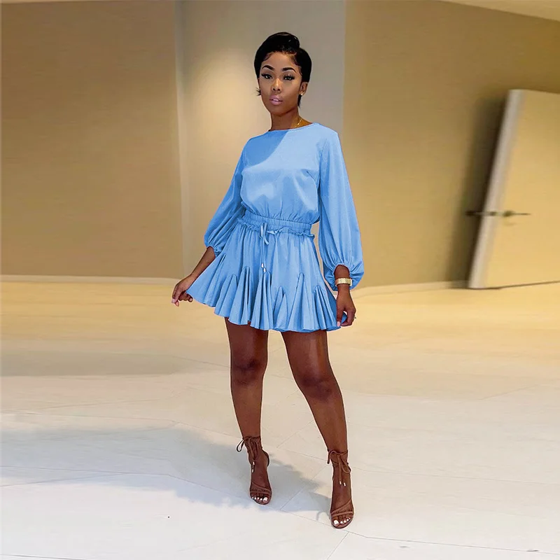 Women Fashion Summer Romper Imitation Dress Ladies Solid Color O-Neck Long Sleeve Ruffles Dresses Sundress Holiday Dress