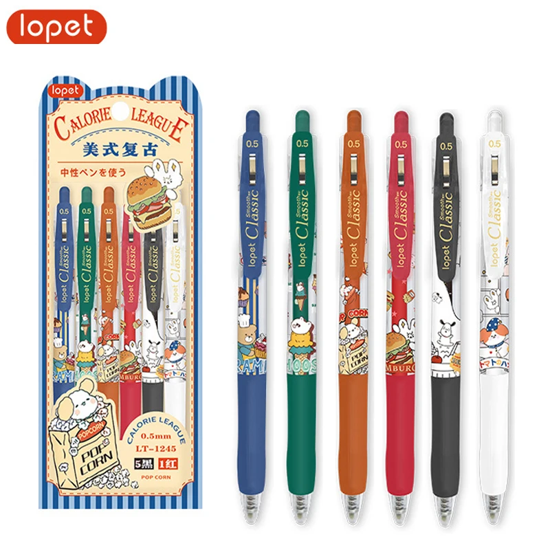 6pcs Lopet Gel Pens American Retro Color Press Type Rollerball Pens Fast Dry boligrafos kawaii Writing Stationery School Office