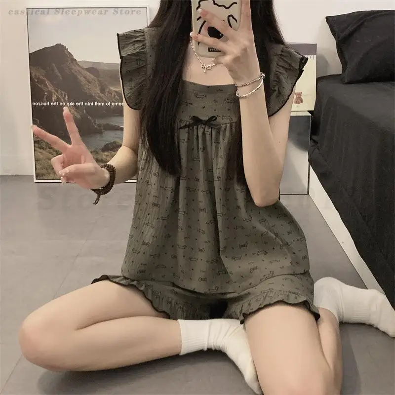 

Summer Ladies Sweet Cute Thin Pajamas Princess Style Comfortable Sleepwear 2Pcs Strap Top&shorts Gentle Home Wear Home Wear