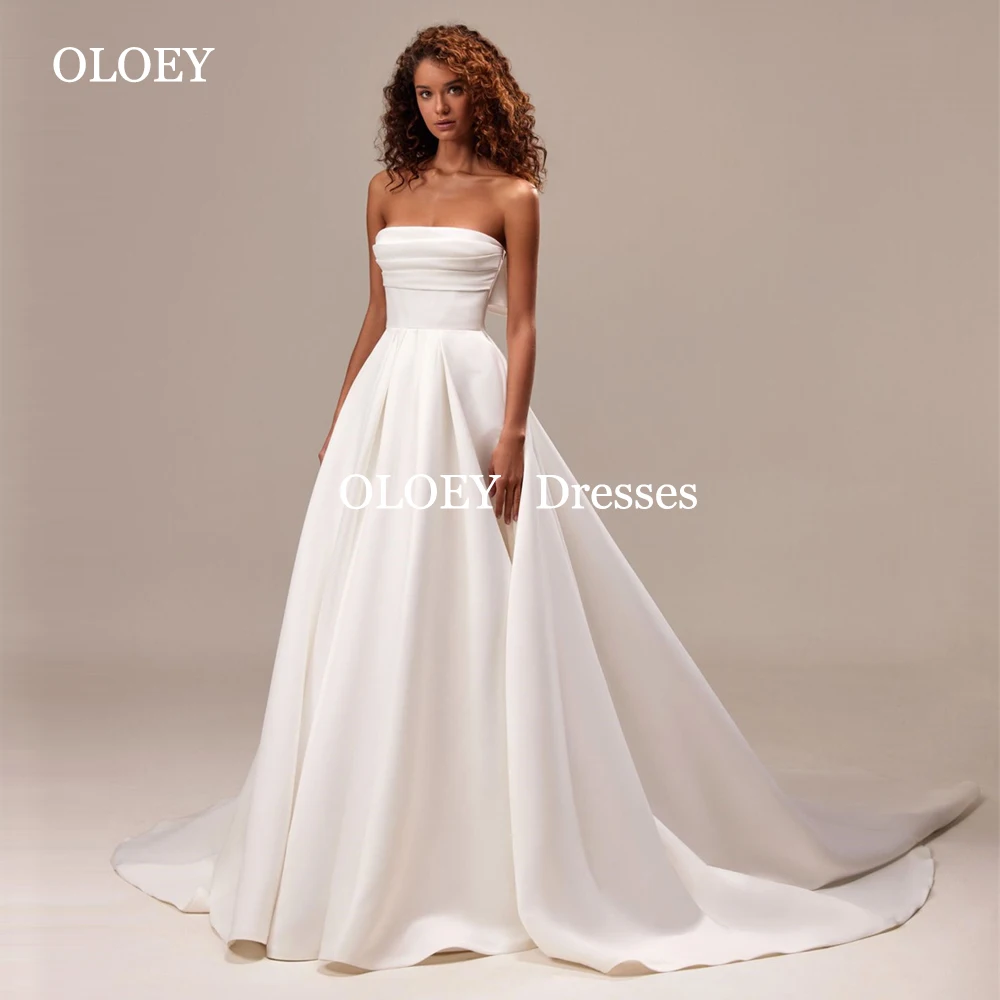 

OLOEY Elegant Pleats Strapless A Line Wedding Dresses Sleeveless Floor Length Bride Gowns Customized Bow Zip Vestidos De Novia