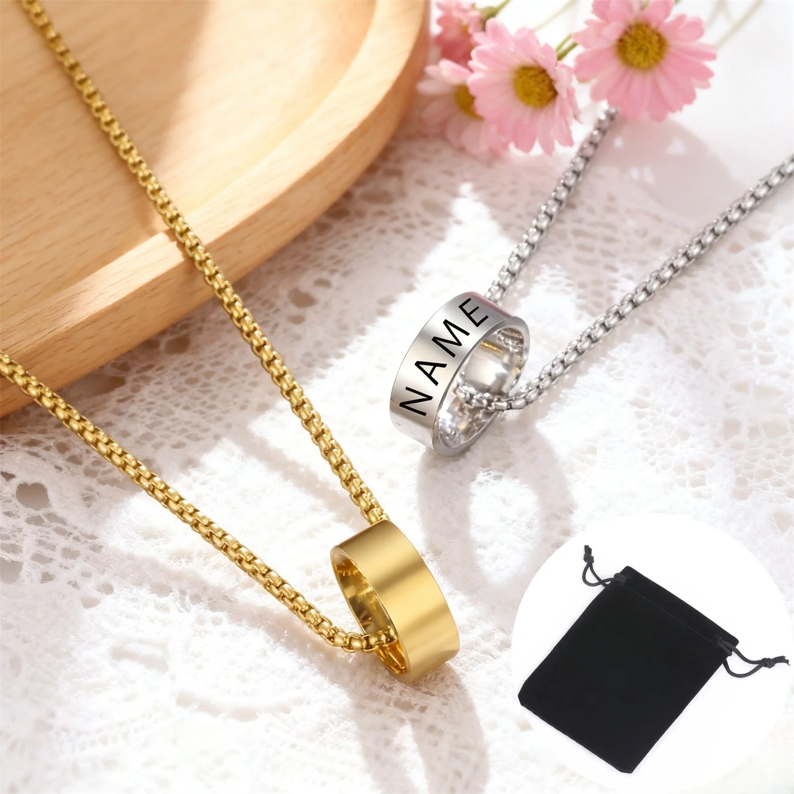 تخصيص اسم زوجين حلقة قلادة صندوق من الفولاذ المقاوم للصدأ سلسلة قلادة نحت اسم الذكور الإناث زوجين مجوهرات هدية