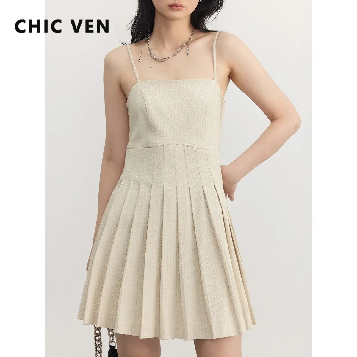 CHIC VEN Neue frauen Kleider Feste Hohe Taille Twill Jacquard A-Line Plissee Drop Kleid Büro Dame Kleidung Frühling Sommer 2025
