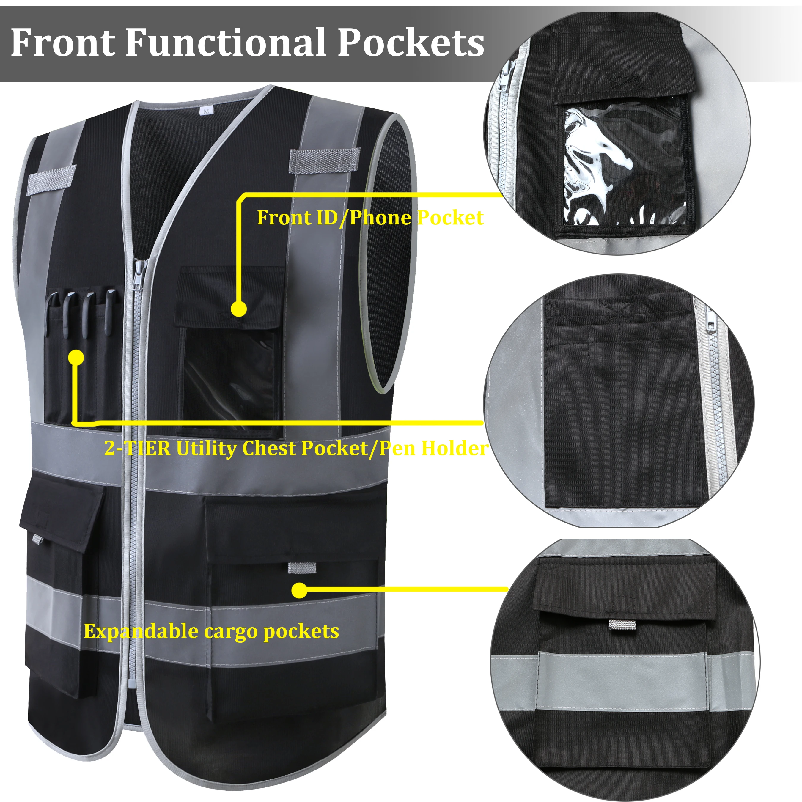 Men Work Vest with Pockets and Zipper Construction Two Tone Workwear Vest Volunteer Uniform