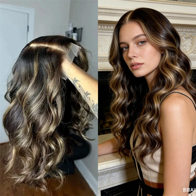 13x4 Ombre Dark Brown with Blonde Streaks Synthetic HD Lace Front Wig Belnd Human Hair Natural Preplucked Hairline Glueless Wig