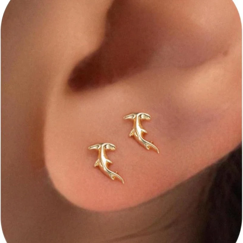 1/2pcs 14K Gold Plated Tiny Hammerhead Shark Dragon Cowboy Boot Palm Tree Softball Stud Earrings for Women Girls Helix Jewelry