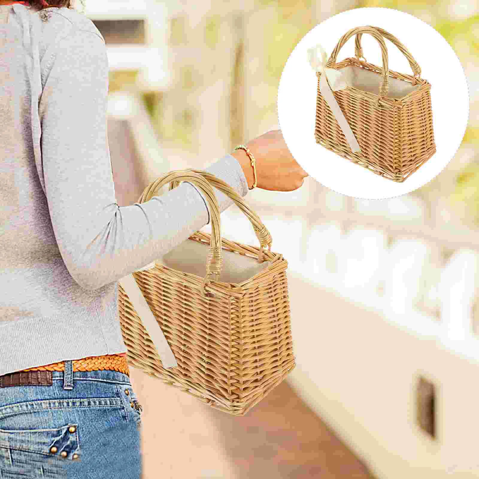 

Woven Flower Basket Fruit Storage Decorative Wicker Purse Picnic Vegetable Carrying Bag Vegetables Beach Portable Holder