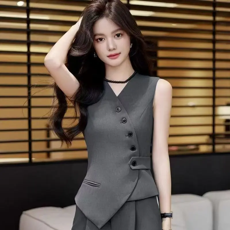 Office Female Suits Vest Coat Spring Summer V-Neck Diagonal Buckle Sleeveless Blazers Jacket Women Fashion Thin Slim Waistcoat