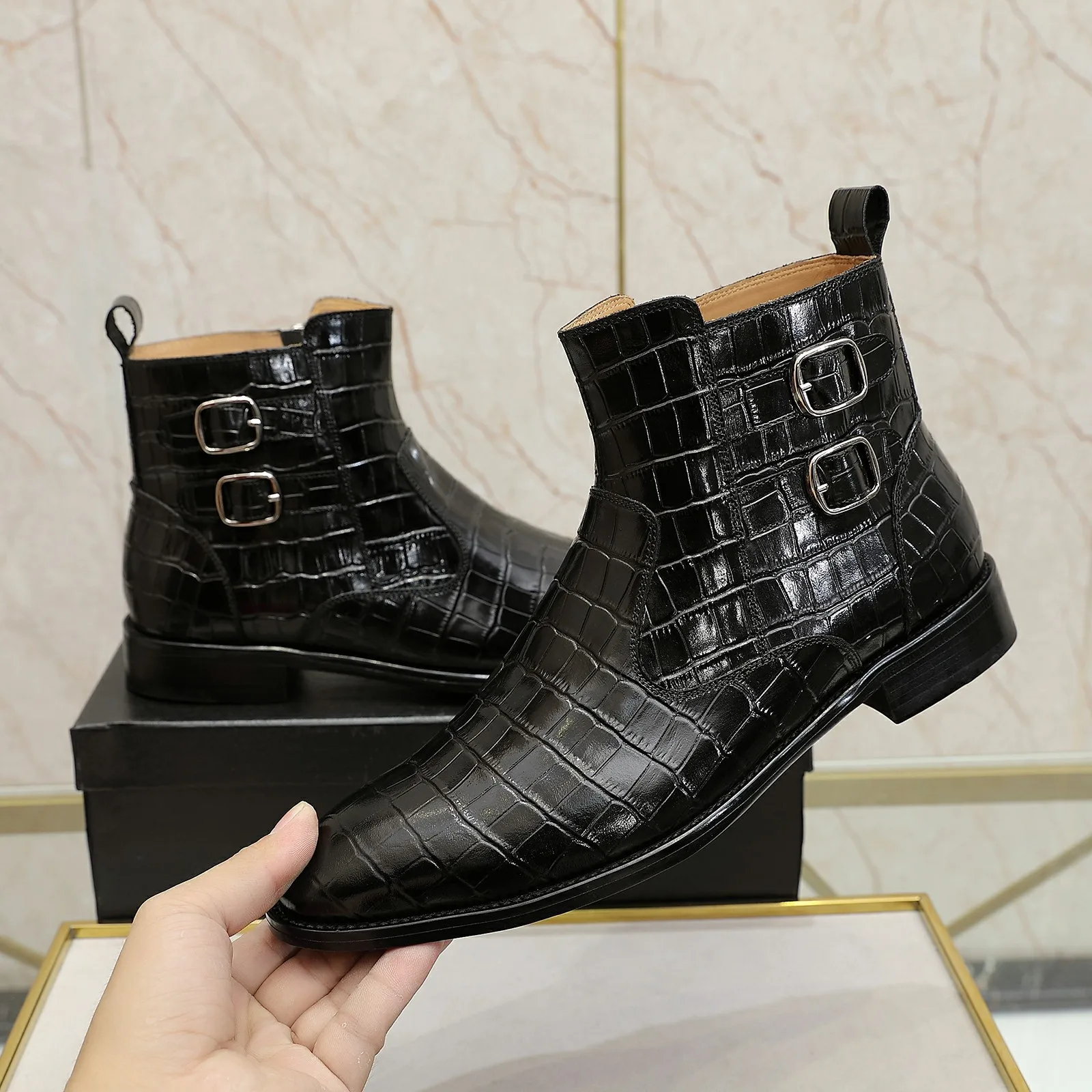 Sipriks Original Crocodile Skin Ankle Boots Elegant Black Zip Booties Men'S Fashion Genuine Leather Shoes Leather Sole