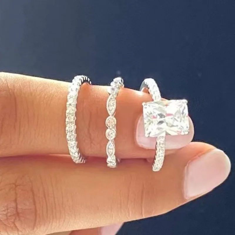 Delicate Silver Color Metal Square Stone Ring Elegant Fashion Party Engagement Wedding Rings for Women Jewelry