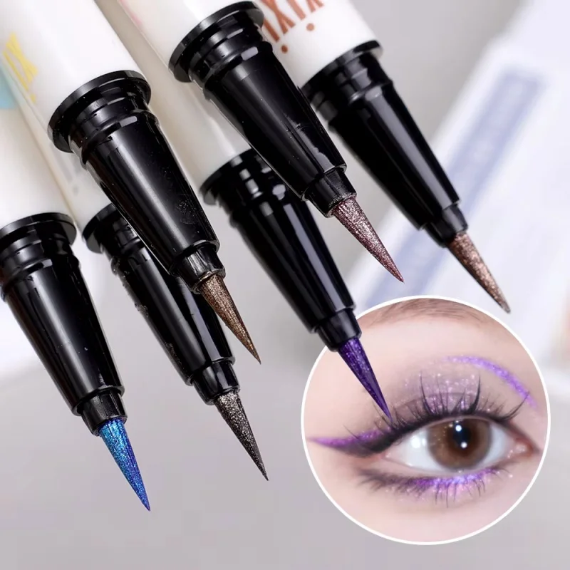 6 Farben dünner, perlmuttartiger Eyeliner-Flüssigkeitsstift, 3-in-1, glänzender Seidenraupen-Lidschattenstift, langlebig, glatt, glitzernd, Eyeliner-Make-up