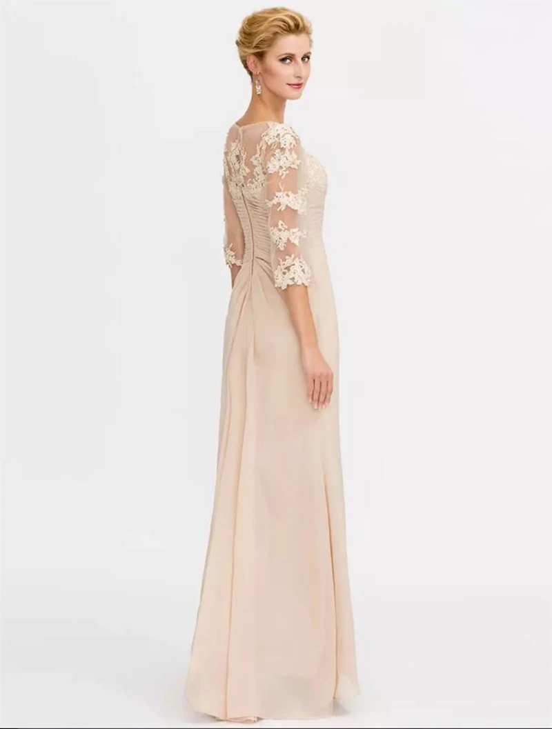 Mother of the Bride Dresses Elegant V Neck Floor Length Chiffon Illusion Sheer Lace Half Sleeve Appliques vestidos de noche 2022