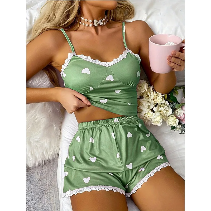 Sexy Pajama Set for Women Lace Slip Tops Shorts Suits Heart-print Summer Sleepwear Slim Underwear Nightwear Casual Loungewear