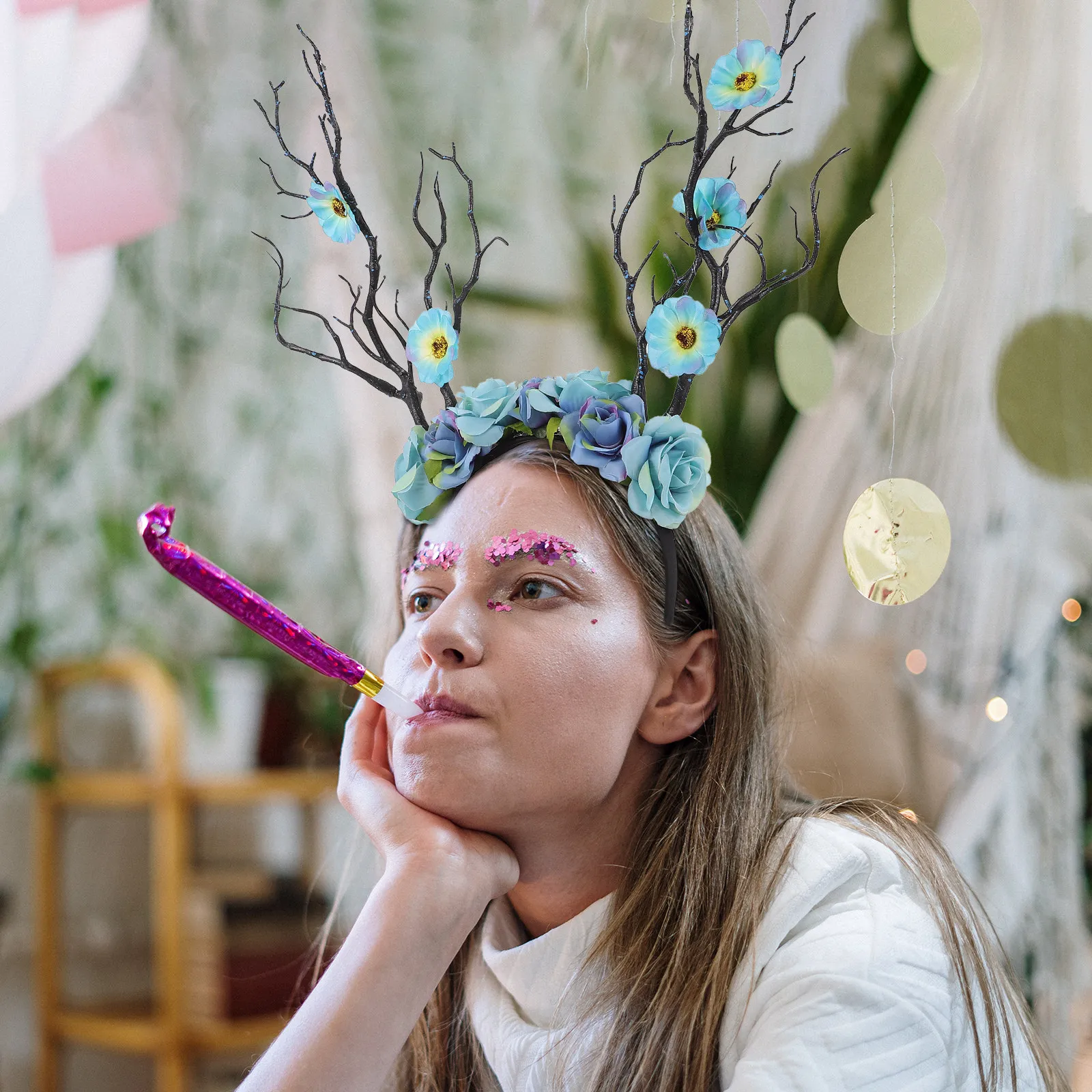 

1 шт. повязка для волос с оленьими рогами и цветами, креативный головной убор для фестивалей и вечеринок, декоративная повязка для волос, уникальный головной убор для карнавала